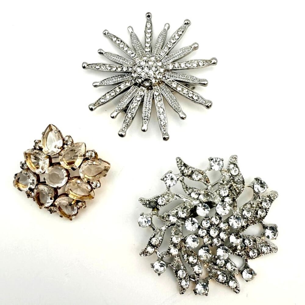 Lot 3 Vtg MCM Sunburst Floral Brooch Prong Set Paste Rhinestone Sparkly Pin